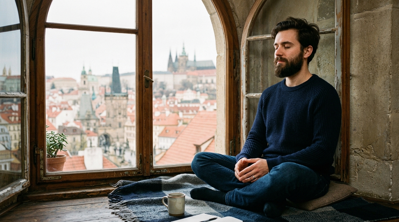 Mladý muž sedí v tichém prostoru u okna v Praze, ruku má položenou na žebrech a sleduje vlastní dech